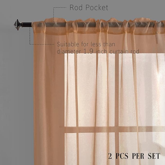 Brown Sheer Curtains 45 Inch Length 2 Panels for Small Windows Rod Pocket Sheer Voile Curtains Light Filtering Brown Sheer Drapes for Kitchen,Living,Bedroom 45 Inches Long