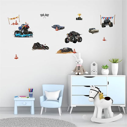 Racing Car Wall Stickers Monster Truck Vehicles Peel and Stick Wall Art Decals for Boys Room Kids Bedroom Playroom (Style2)