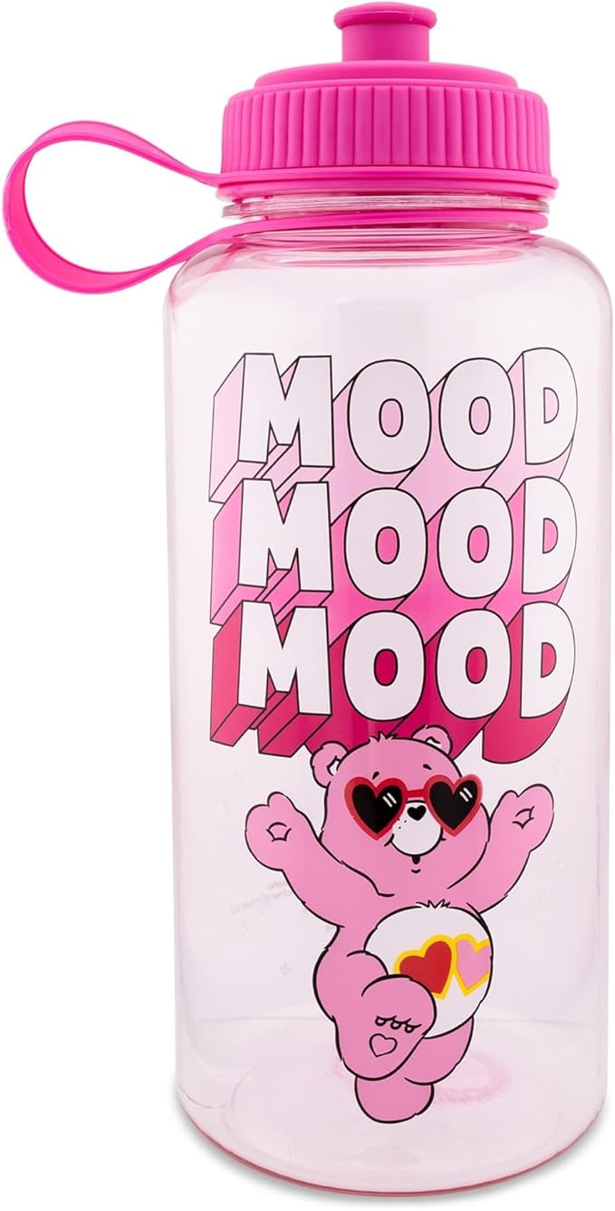 Silver Buffalo Care Bears Love-A-Lot Bear Mood Plastic Water Bottle With Spill-Resistant Sports Cap Lid | Holds 34 Ounces