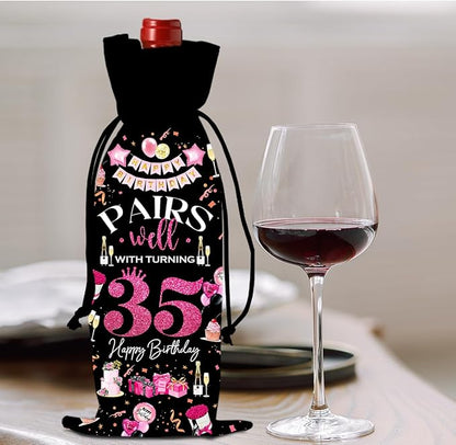 35th Birthday Gifts for Women Men Wine Bags, 35 Year Old Birthday Gifts for Women Men, Happy 35th Birthday Party Decorations for Women Men, Pairs Well with Turning 35 Wine Bags (Black Pink)