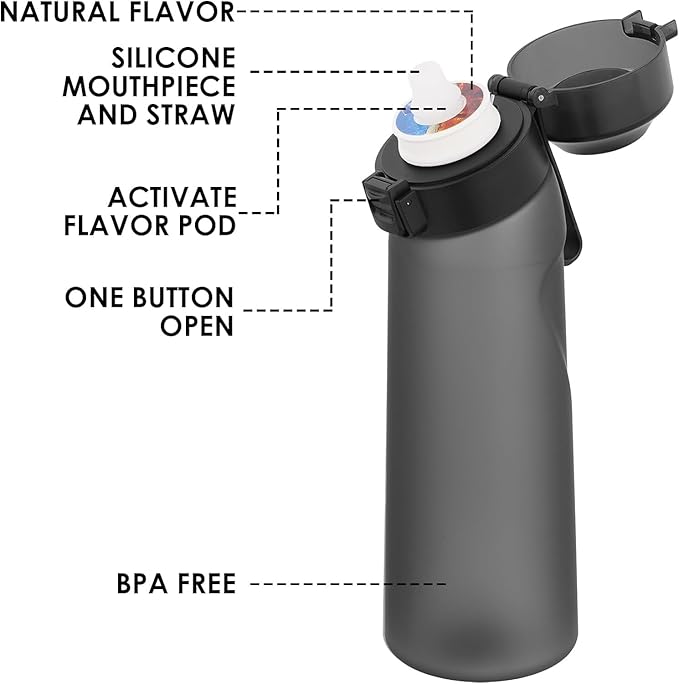 Air Water Bottle 12 Flavor Pods Up 22oz Fruit Fragrance Scented Water Cup BPA Free 0% Sugar For Outdoor Sports,Gifts From Friends (1 bottle Matte Black+12 scent pods)