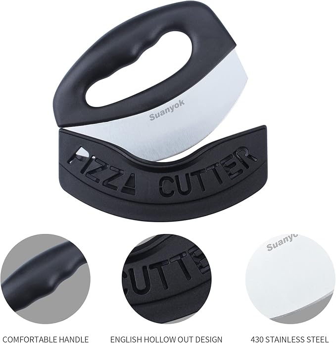 Premium Pizza Cutter Food Chopper-Super Sharp Blade Stainless Steel Pizza Cutter Rocker Slicer with Protective Sheath Multi Function Pizza Knife Kitchen Tools,Dishwasher Safe (Black)