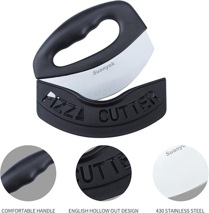 Premium Pizza Cutter Food Chopper-Super Sharp Blade Stainless Steel Pizza Cutter Rocker Slicer with Protective Sheath Multi Function Pizza Knife Kitchen Tools,Dishwasher Safe (Black)