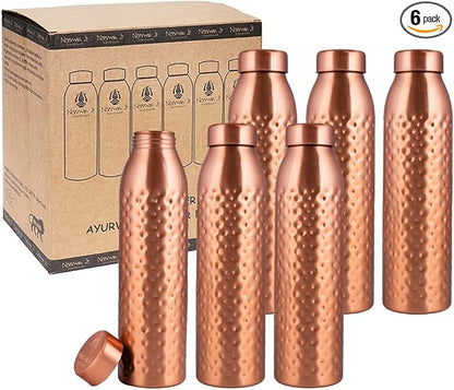 Copper Water Bottle 1Liter - Gift Box of 6, Hammered, an Ayurvedic vessel made from pure copper - helps you drink more water, with many health benefits