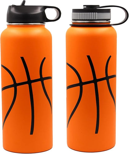 40 oz Basketball Water Bottle, Flask Sports with 2 Lids 18/8 Stainless Steel Travel Tumbler Double Wall Vacuum Insulated Hot/Cold Standard Metal Canteen (40oz, Basketball)