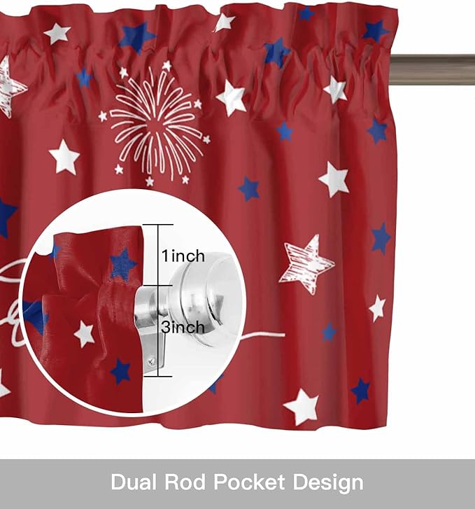 Patriotic 4th of July Kitchen Curtains Valances for Windows Red White Blue Stars Freedom Rod Pocket Window Treatment for Kitchen /Living Room/Bedroom/ Bathroom, 42" X 18", Memorial Day Summer