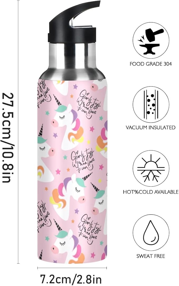 MNSRUU Insulated Water Bottle with Straw, Rainbow and Unicorns Stainless Steel Flasks for Sports Cycling Hiking School