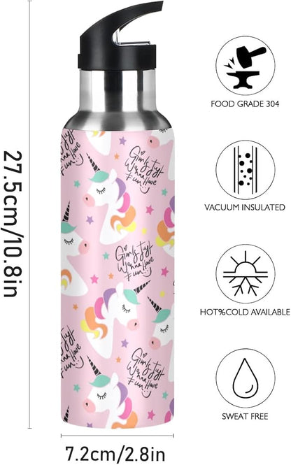 MNSRUU Insulated Water Bottle with Straw, Rainbow and Unicorns Stainless Steel Flasks for Sports Cycling Hiking School
