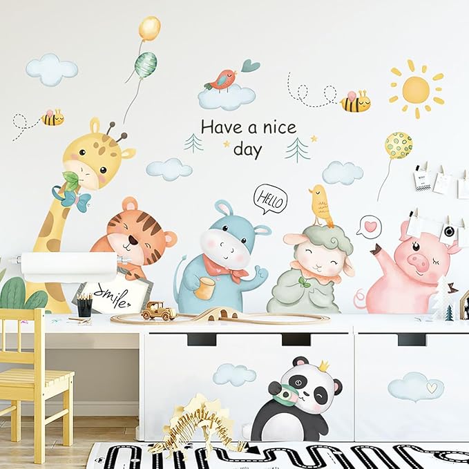 Cartoon Animals Wall Decals Animals Wall Stickers Watercolor Cloud Wall Decals Cute Balloon Animal Wall Stickers for Nursery Kids Room Playroom Decor