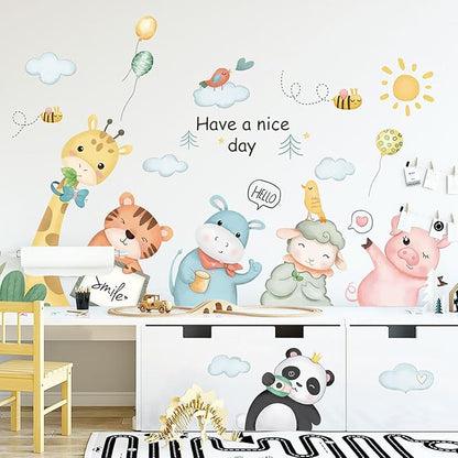 Cartoon Animals Wall Decals Animals Wall Stickers Watercolor Cloud Wall Decals Cute Balloon Animal Wall Stickers for Nursery Kids Room Playroom Decor