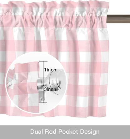Christmas Kitchen Curtains and Valances Set, Rustic Pink White Buffalo Check Plaid Pattern Windows Treatments Tiers Half/Short Curtains for Small Windows Cafe /Living Room/ Bedroom 54x24 in Farmhouse