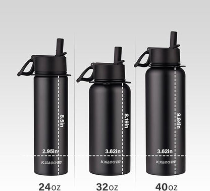 40 oz insulated Water Bottle with Paracord Handles & Strap, 2 Lids(Straw Lid&Spout Lid), Stainless Steel Reusable Wide Mouth Metal Water Bottle With Straw, Double Walled(Black)