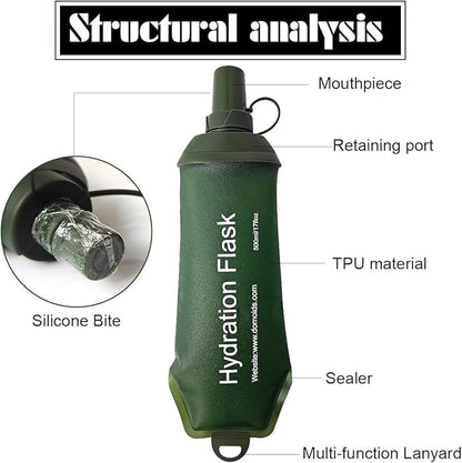 Green Soft Flask, TPU Foldable Running Hydration Flask, for Hydration Packs/Running Vests-Running, Hiking, Cycling Folding Bottle-8.5 oz (250 ml)