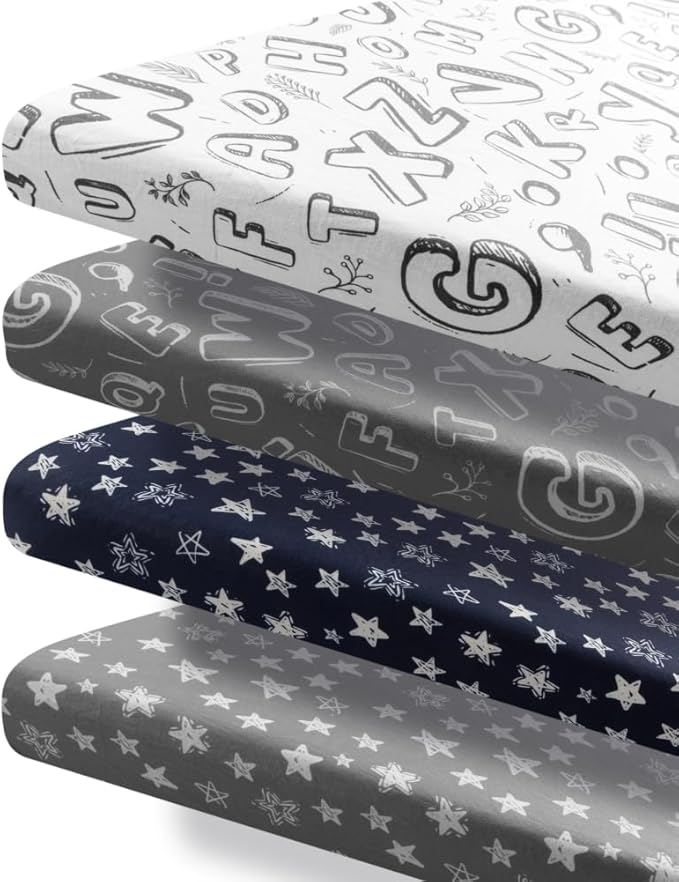 4 Pack Fitted Pack N Play Sheets for Baby Boys Neutral Unisex Breathable Soft Toddler Mini Crib Sheets for Pack and Play Mattress (Letter Print)