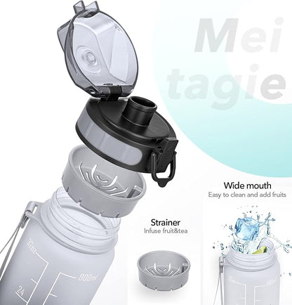 32oz Motivational Water Bottle with Time Marker & Fruit Strainer, Leak-proof BPA Free Non-Toxic Bottle with Carrying Strap, Perfect for Fitness, Gym and Outdoor Sports