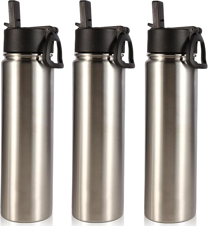 Volhoply 24oz Insulated Water Bottle With Straw Bulk 3 Pack,Metal Wide Mouth Water Bottles With Handle Lid Keep Cold,Reusable Double Wall Thermos,Powder Coated Sport Bottle For Holder(Silver,3 Count)