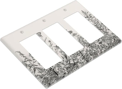 Vintage Grey Floral Herbs Wild Flowers Botanical 3 Gang Rocker Boho Light Switch Covers Decorative Country Unique Triple Outlet Wall Plate Cover Faceplate Decorative Switchplate GFCI
