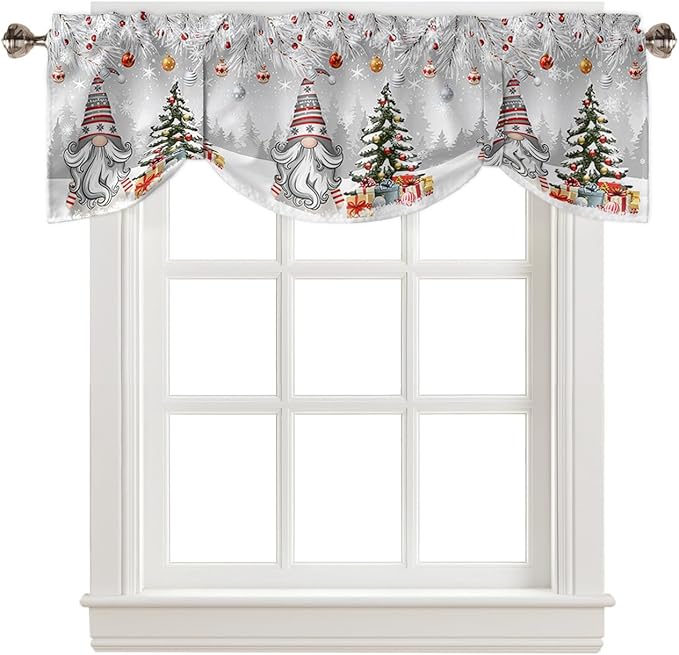 Christmas Gnome Blackout Tie Up Valance Curtains for Kitchen Windows Winter Merry Christmas Tree Balls Window Toppers Balloon Shades for Living Room/Bathroom/Bedroom,1 Panel, 60" X 18", Grey
