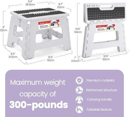 ACSTEP 9 Inch Folding Step Stool 300 LB Capacity Non Slip Foot Stool with Handle Plastic Foldable Step Stools for Kids Stepping Stool for Bathroom Black Small Step Stool (1 PC White)