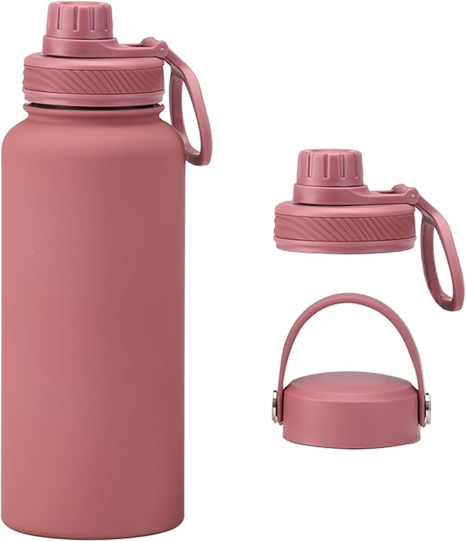 Smoky Pink 32 OZ Insulated Water Bottle, Large Metal Insulated Stainless Steel Water Flask, Big Sports Travel Water Bottle with 2 Lids, Insulated Thermos Thermal Mug Cup