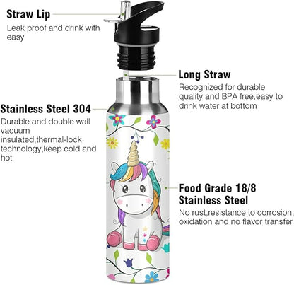 xigua Cute Cartoon Unicorn Water Bottle, BPA Free Stainless Steel Water Bottle Leak-Proof Sports Bottle for Camping Workouts Gym and Outdoor Activity, 22oz