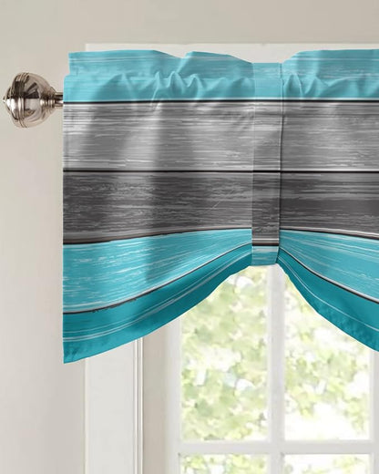 Farmhouse Blackout Tie Up Valance Curtains for Kitchen Windows, Aqua Blue Gray Window Toppers Balloon Shades for Living Room/Bathroom/Bedroom,1 Panel,60" X 18" Retro Rustic Barn Wood Texture