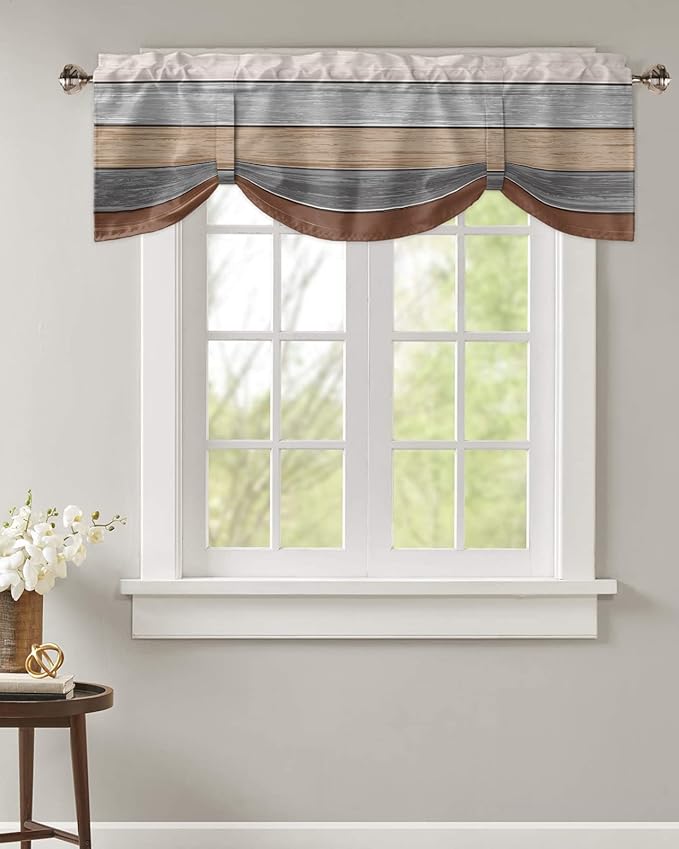 Farmhouse Fall Blackout Tie Up Valance Curtains for Kitchen Windows, Brown Grey Window Toppers Balloon Shades for Living Room/Bathroom/Bedroom,1 Panel,54" X 18" Retro Rustic Barn Wood Texture