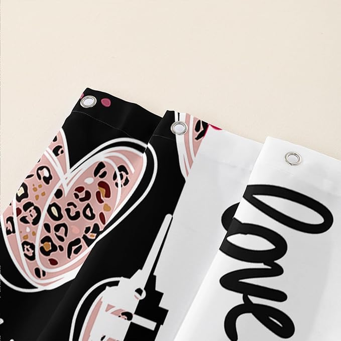 AILONEN Heart Love Shower Curtain for Bathroom, Black and White Eiffel Tower Print Bath Curtain,Pink Hearts Girls Women Shower Curtain Decoration Waterproof with 12 Plastic Hooks, 48" W*72" H