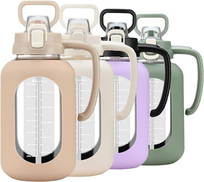 64 oz Glass Water Bolttles Half Gallon Large Motivational Water Bottle with Time Marker Sports Water Bottles with Silicone Sleeve and Handle Lid Water Jug for Gym Workout