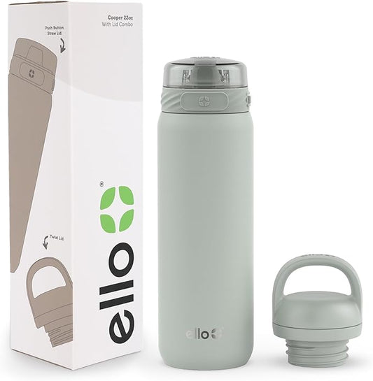 Ello Cooper 22oz Stainless Steel Water Bottle with 2 Lids Chug and Straw | Leak Proof Double Walled and Vacuum Insulated | Fits Car Cupholder | Built in Carry Loop | Dishwasher Safe | Sage