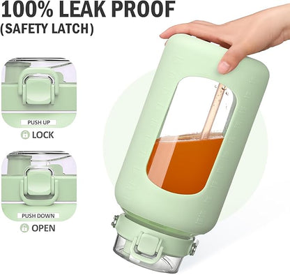 84oz Glass Water Bottle with Stainless Steel Handle,2.5L Gallon Water Bottle With 2-IN-1 Straw Lid, Silicone Sleeve and Motivational Capacity Marker, Wide Mouth Water Jug For Gym, Workout, Green