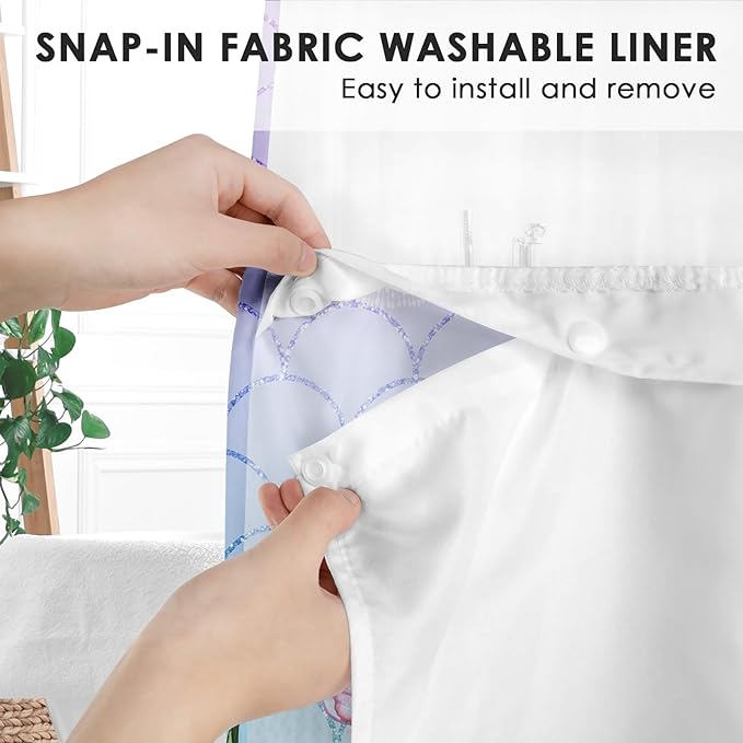 Anchor Beach Nautical No Hook Shower Curtain with Snap in Liner, Mermaid Pink Floral Coral Bath Curtain with Double Layers Waterproof Fabric and Mesh Top Window 71x74 Inch