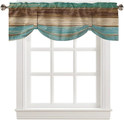 Farmhouse Blackout Tie Up Valance Curtains for Kitchen Windows Teal Turquoise Green Brown Country Window Toppers Balloon Shades for Living Room/Bathroom/Bedroom,60" X 18" Retro Rustic Barn Wood