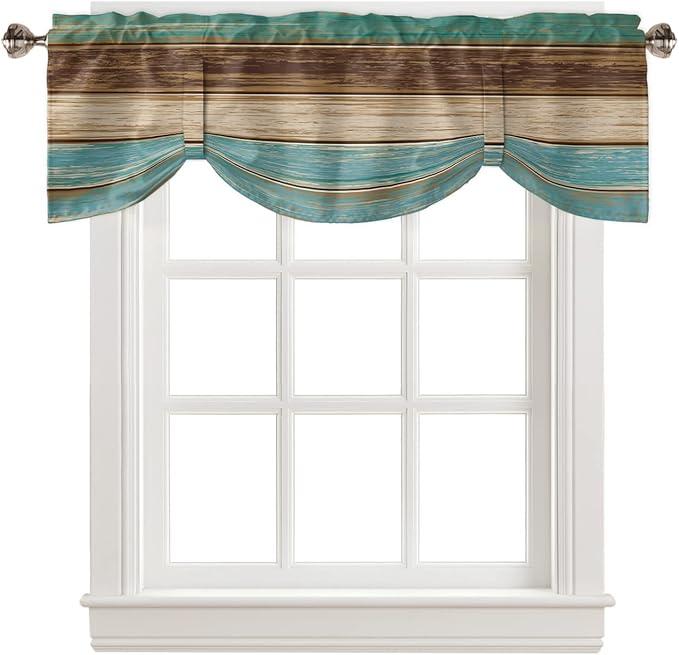 Farmhouse Blackout Tie Up Valance Curtains for Kitchen Windows Teal Turquoise Green Brown Country Window Toppers Balloon Shades for Living Room/Bathroom/Bedroom,54" X 18" Retro Rustic Barn Wood