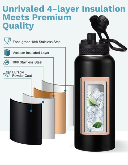 32oz/40oz/64oz Insulated Water Bottle with Straw & Spout Lids, Paracord Handle, Bottle Sleeve, Silicone Boot, Thermal Metal Flask Jug Keep Cold 48H & Hot 24H, Hydro Bottle for Travel Work Camping