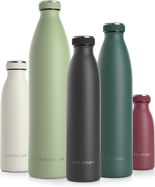 LARS NYSØM Stainless Steel Insulated Water Bottle 12oz 17oz 25oz 34oz 51oz | BPA-free Insulated Thermo Flask for Hot and Cold Beverages | Leakproof Drinking Bottle (Onyx Black, 25oz)