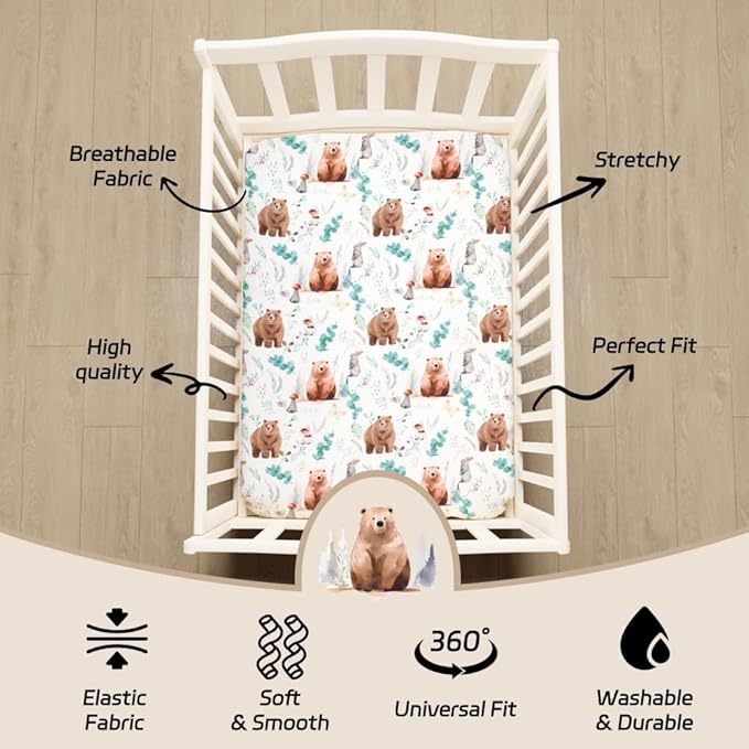 4 Pack Woodland Forest Animals Wood Neutral Unisex Fitted Baby Crib Sheets Set for Baby Boys or Girls (Cartoon Beer, 52 * 28)