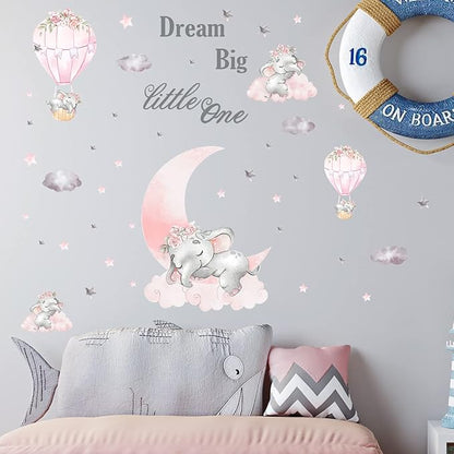 Dream Big Little One Elephant Wall Stickers - Pink & Gray Design, 110cm x 43.3in