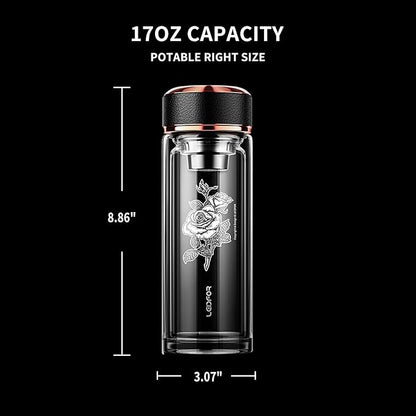 Tea Tumbler with Infuser - BPA Free Double Wall Glass Travel Tea Mug With Stainless Steel Filter - Leakproof Tea Bottle with Strainer for Loose Leaf Tea and Fruit Water 17 oz Rose