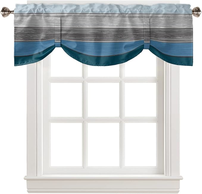 Farmhouse Blackout Tie Up Valance Curtains for Kitchen Windows,Blue Gray Ocean Hues Window Toppers Balloon Shades for Living Room/Bathroom/Bedroom,1 Panel,60" X 18" Retro Rustic Barn Wood Texture