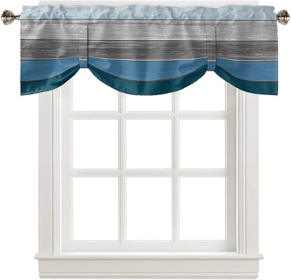 Farmhouse Blackout Tie Up Valance Curtains for Kitchen Windows,Blue Gray Ocean Hues Window Toppers Balloon Shades for Living Room/Bathroom/Bedroom,1 Panel,42" X 18" Retro Rustic Barn Wood Texture
