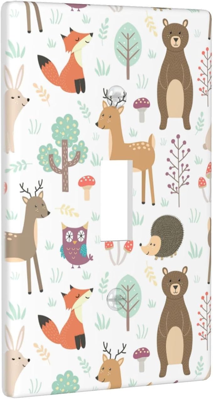 Cartoon Animal Deer Bear Fox Light Switch Cover Decorative Single Toggle Plastic Wall Plate Outlet Cover for Women Girls Bedroom Kitchen Living Room Decor 4.5 * 2.76
