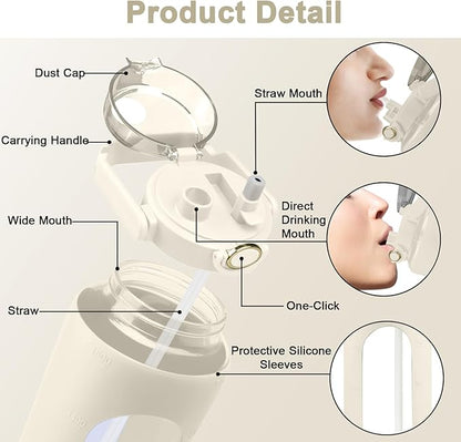 64 Oz Glass Water Bottle with Straw and Lid, Sports Motivational Water Bottle, Leakproof Water Jug Fitness with Silicone Sleeve for Gym, Beige