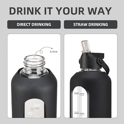 32 oz Glass Water Bottles with Straw Borosilicate Glass Water Bottle with Time Marker Motivational Water Bottles with Silicone Sleeve Leak Proof Reusable BPA Free