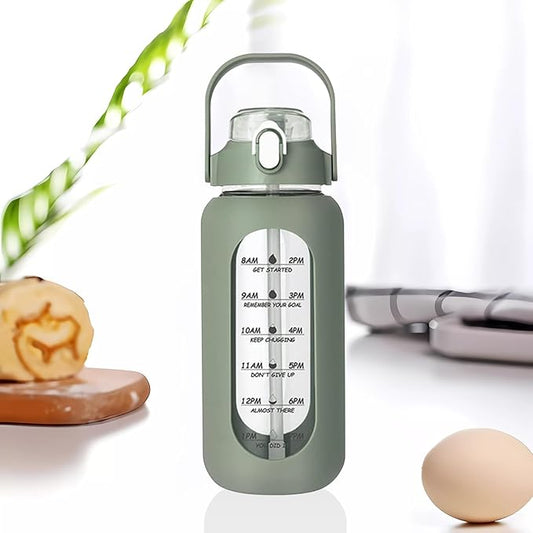 64oz Glass Water Bottle with Straw - Half Gallon Large Motivational Water Bottle with Silicone Sleeve Time Marker, Ideal for Gym, Sports, Workouts, Daily