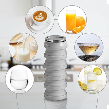 BeHeSo Collapsible Water Bottles with Silicone Brush - Straw Silicone Foldable Water Bottle Reusable Camping Cup Leak Proof Portable Travel Sport Water Bottle-500ml/17oz (Grey)