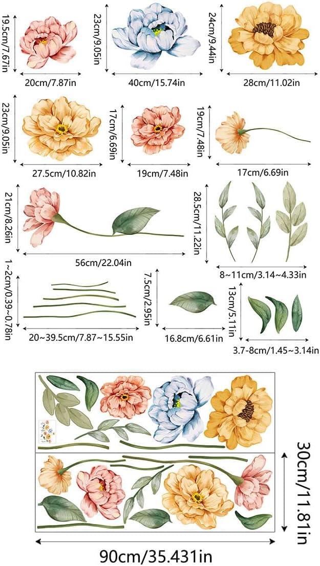 Large Flower Wall Decals Colorful Blossom Floral Wall Stickers Removable Wall Murals Peel and Stick Girls Bedroom Living Room Nursery Wall Decor