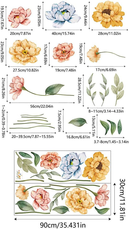 Large Flower Wall Decals Colorful Blossom Floral Wall Stickers Removable Wall Murals Peel and Stick Girls Bedroom Living Room Nursery Wall Decor