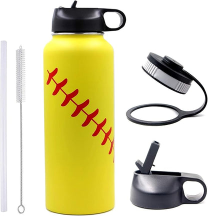 40 oz Softball Water Bottle, Sports Flask Metal Travel Tumbler with 2 Lids 18/8 Stainless Steel Double Wall Vacuum Insulated Hot/Cold (40oz, Yellow Softball)