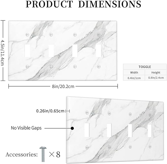 Marble Grey Wall Plate Decorative Light Switch Cover 4-Gang Quad Toggle Faceplate for Bathroom Farmhouse Kitchen Bedroom White